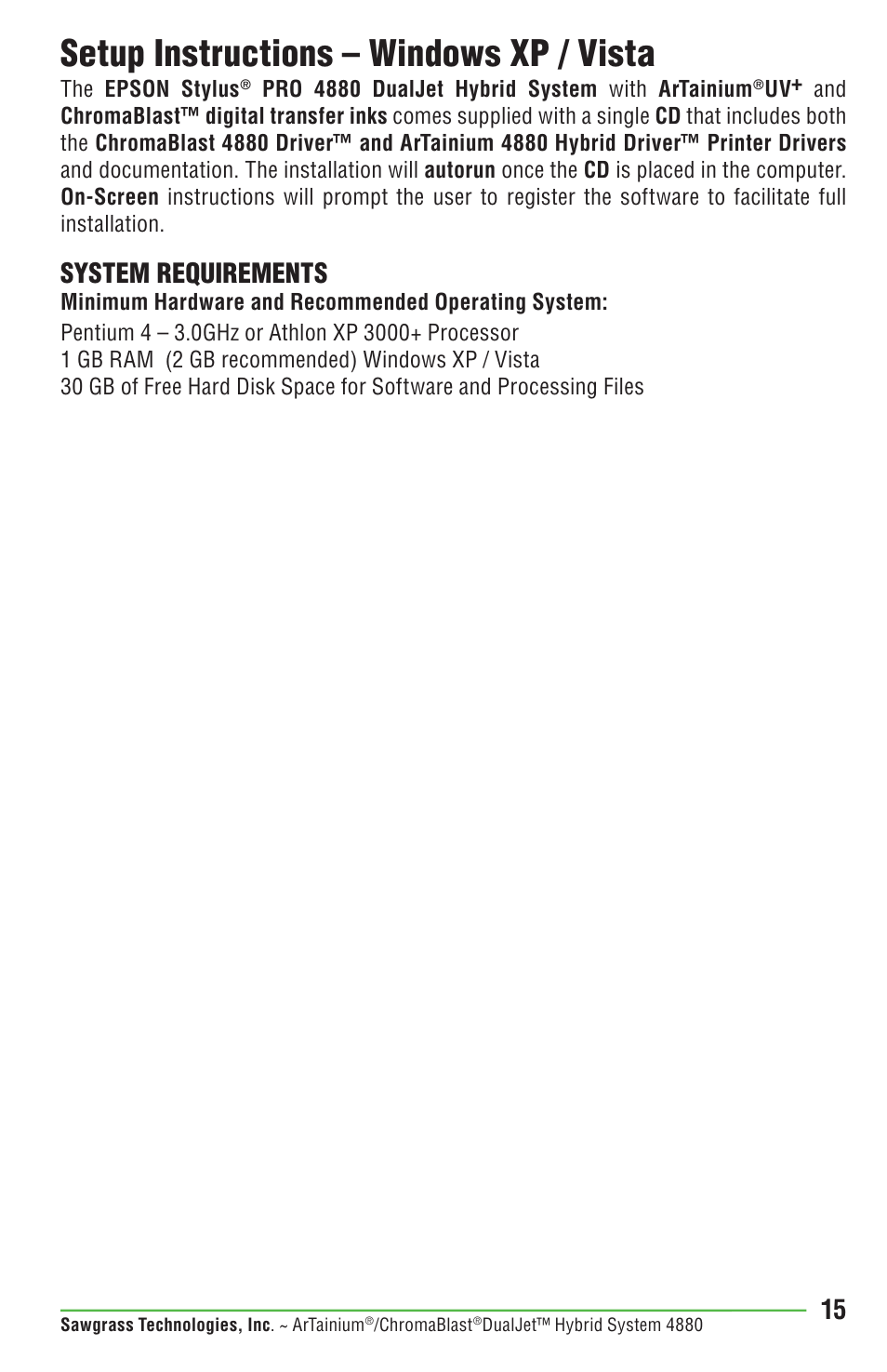 Setup instructions – windows xp / vista, System requirements | Epson DUALJET HYBRID SYSTEM PRO 4880 User Manual | Page 25 / 72