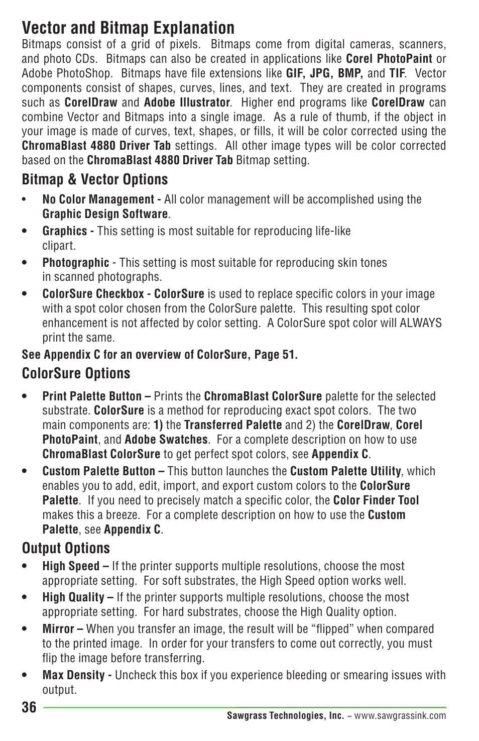 Vector and bitmap explanation, Bitmap & vector options, Colorsure options | Output options | Epson DUALJET HYBRID SYSTEM PRO 4880 User Manual | Page 46 / 72