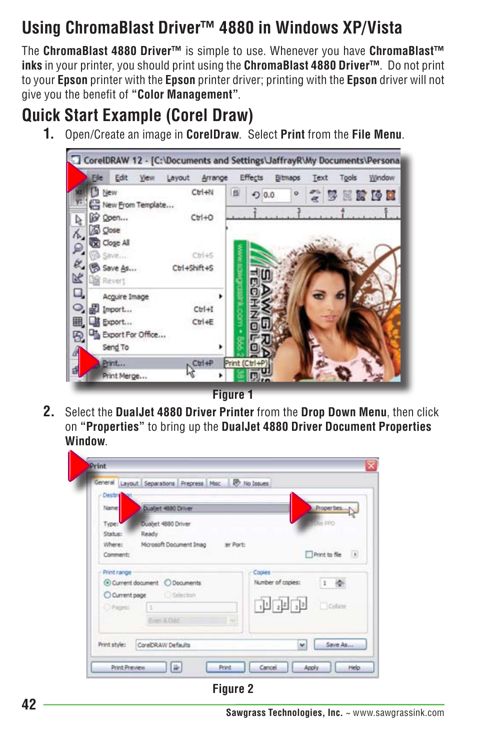 Using chromablast driver™ 4880 in windows xp/vista, Quick start example (corel draw) | Epson DUALJET HYBRID SYSTEM PRO 4880 User Manual | Page 52 / 72