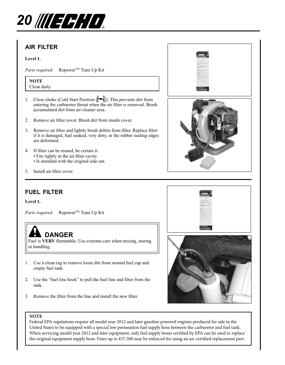 Air filter, Fuel filter, Danger | Echo PB-500H User Manual | Page 20 / 32