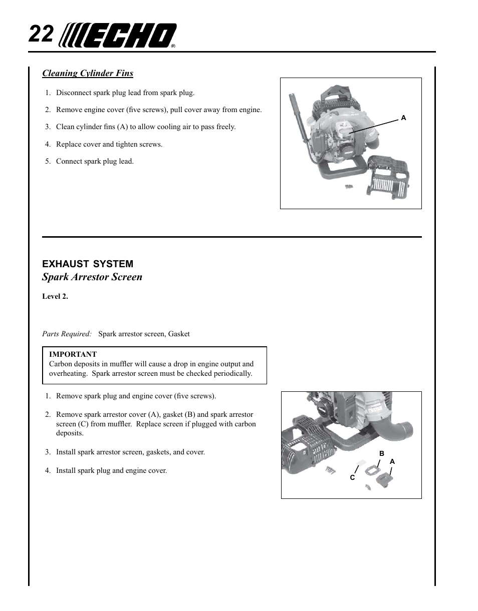 Exhaust system, Spark arrestor screen | Echo PB-500H User Manual | Page 22 / 32