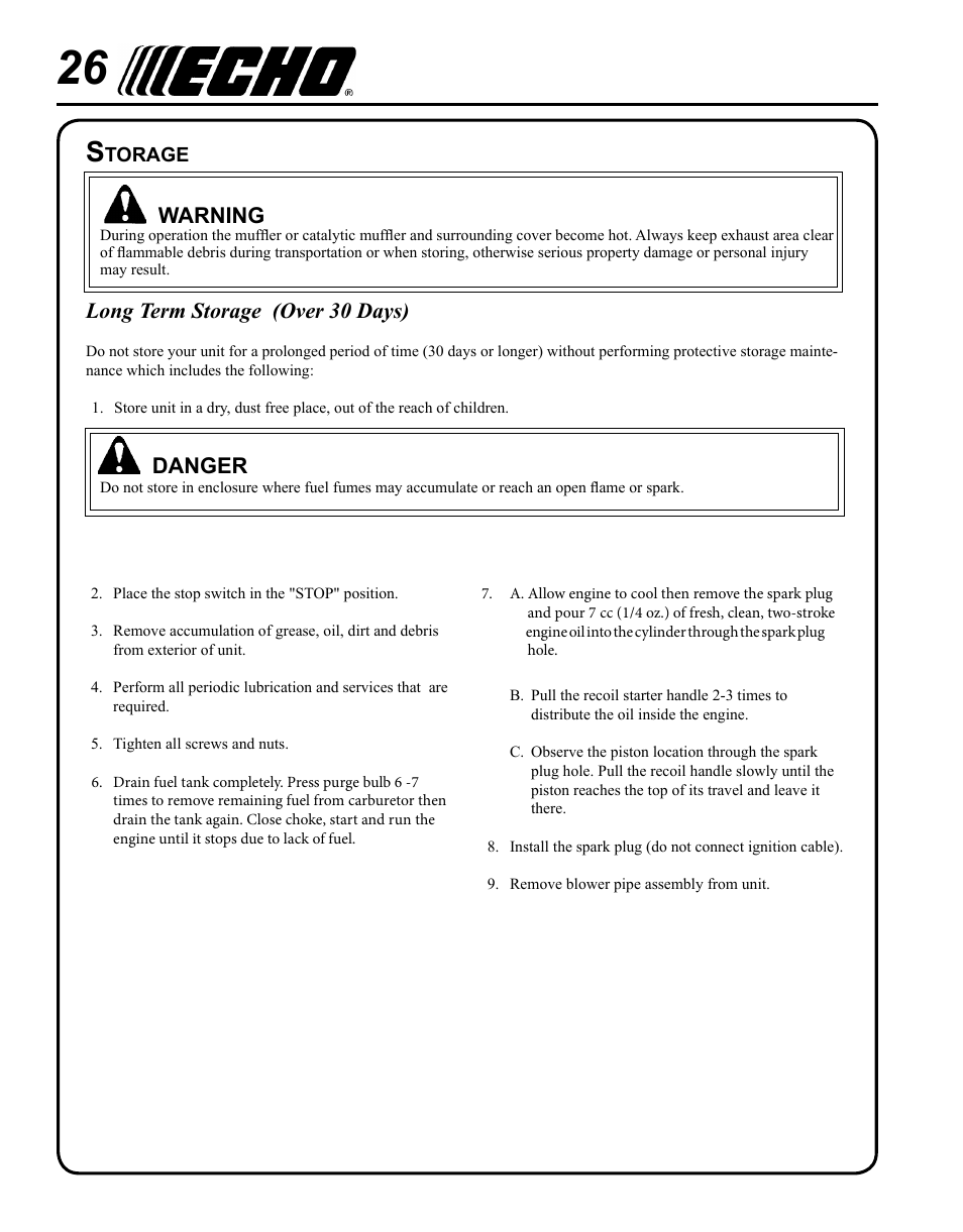 Storage, Warning, Long term storage (over 30 days) | Danger | Echo PB-500H User Manual | Page 26 / 32