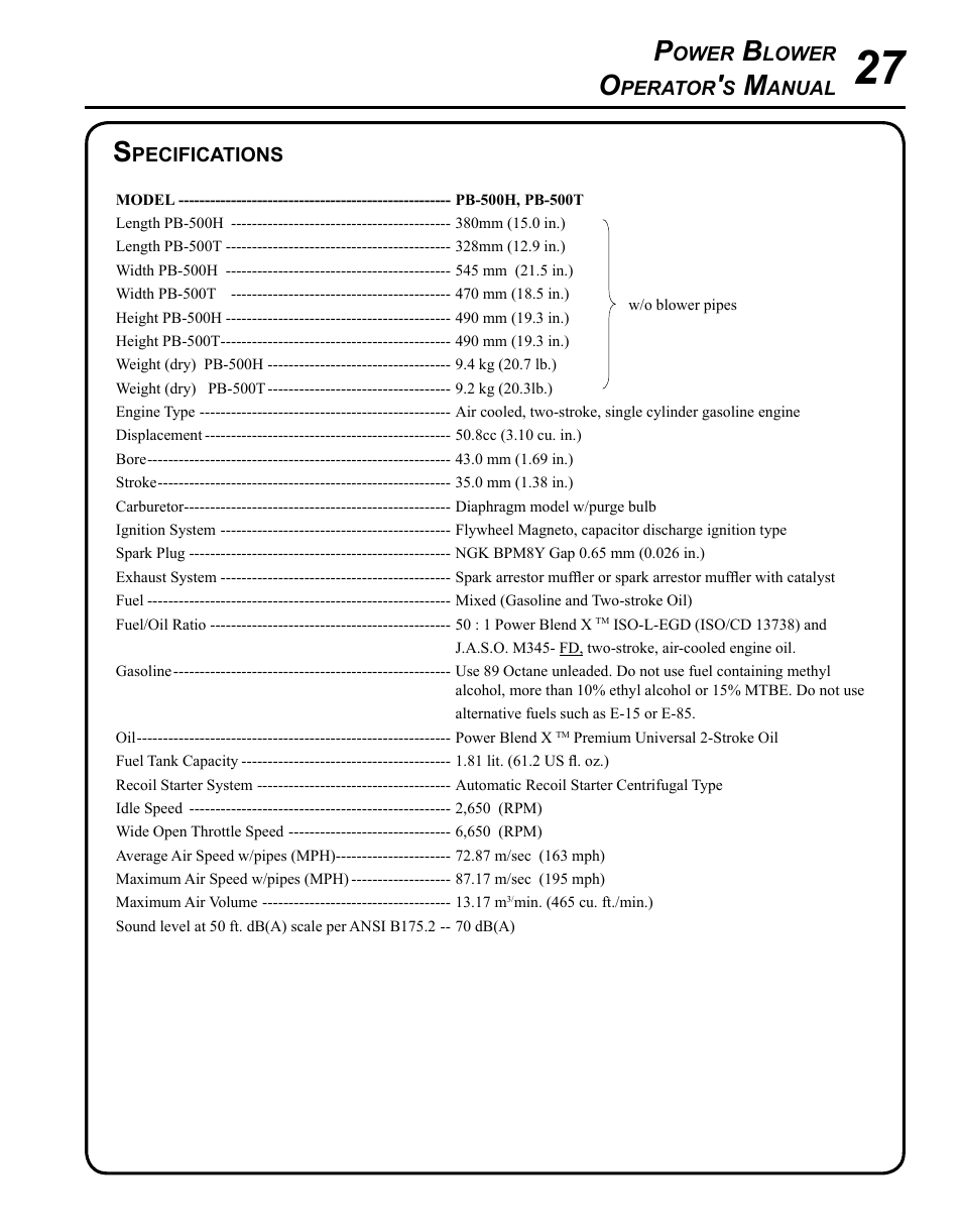 Specifications | Echo PB-500H User Manual | Page 27 / 32