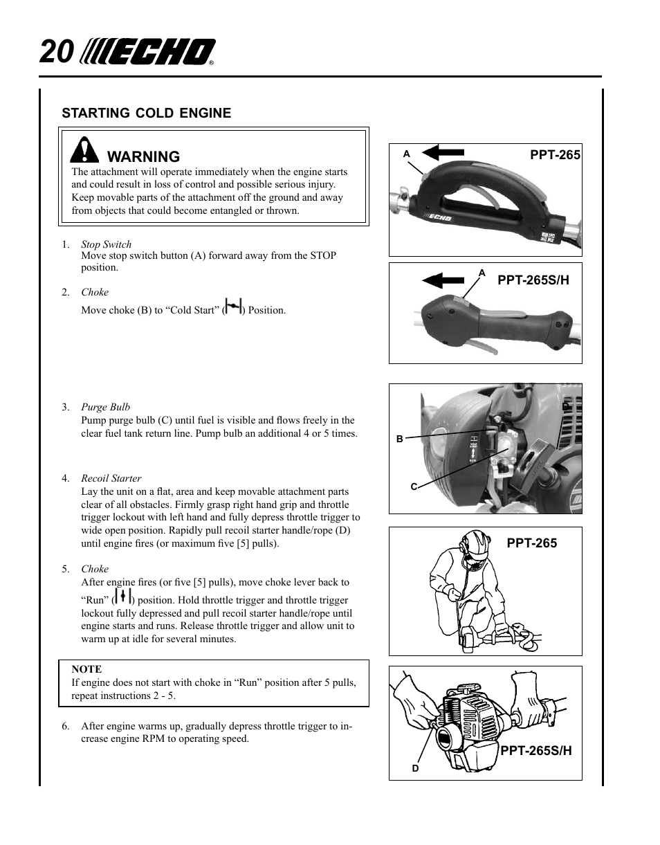 Starting cold engine, Warning | Echo PPT-265S User Manual | Page 20 / 40