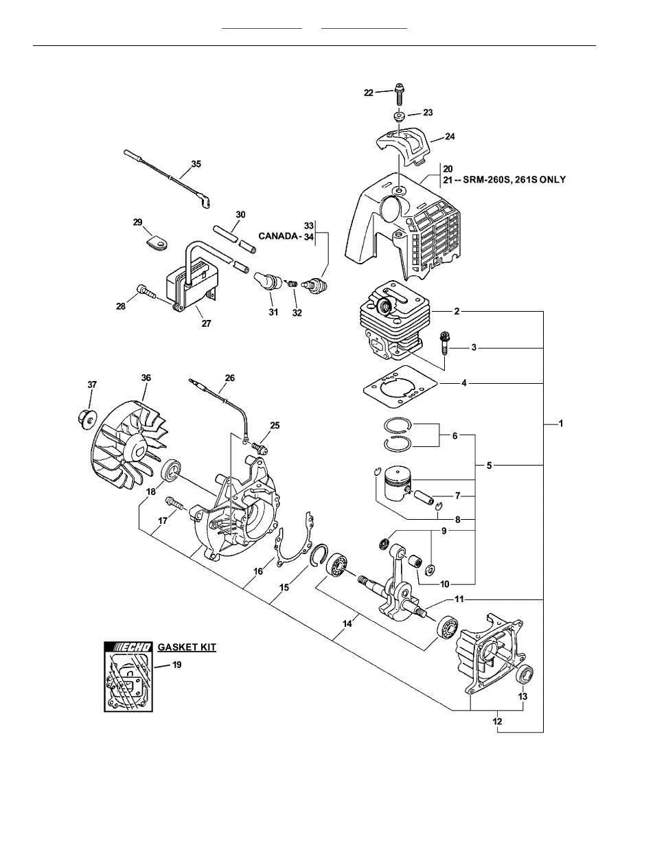 Engine, short block, ignition, cylinder cover | Echo 99944200 User Manual | Page 4 / 28