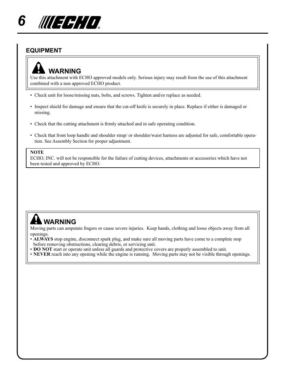 Warning | Echo 99944200545 User Manual | Page 6 / 16