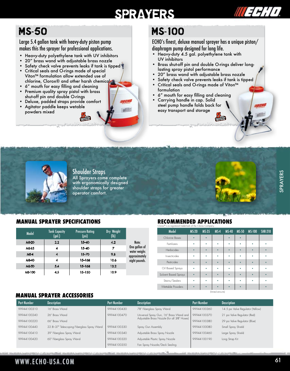 Sprayers, Shoulder straps, Spra yers | Echo ELMO HV-110XG User Manual | Page 61 / 72