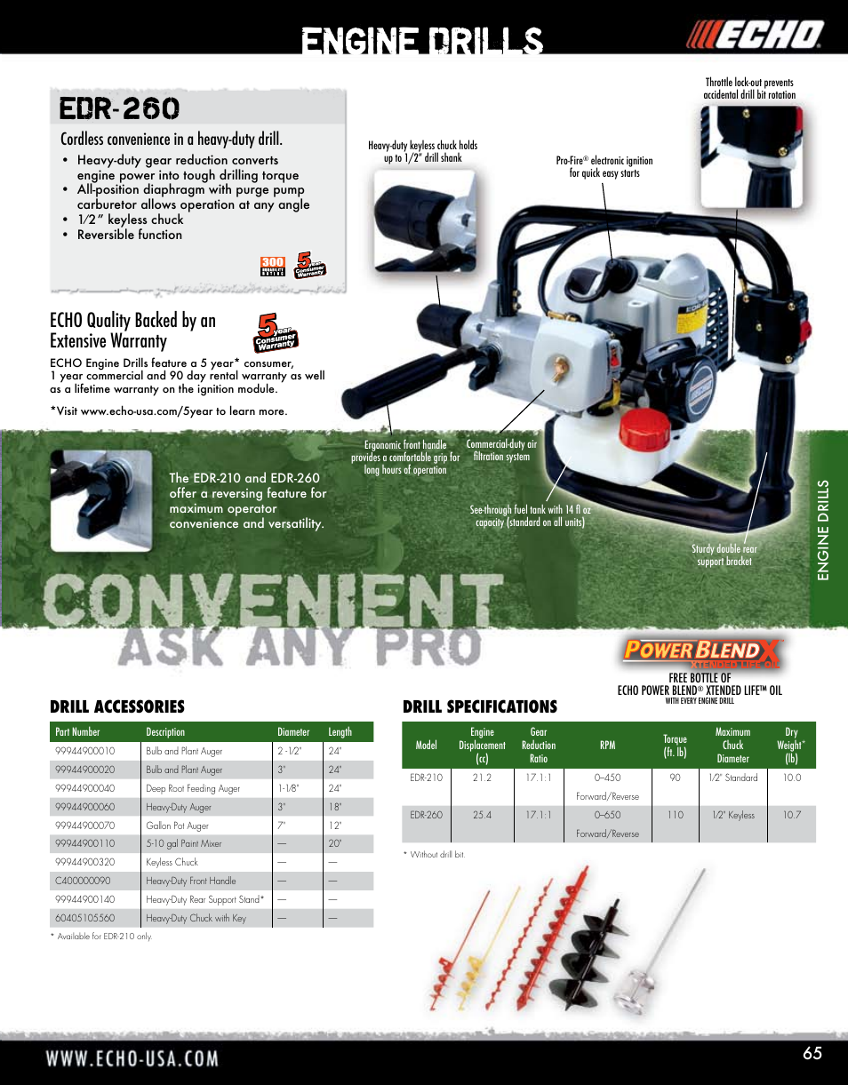 Engine drills, Edr-260, Echo quality backed by an extensive warranty | Cordless convenience in a heavy-duty drill, Drill accessories drill specifications | Echo ELMO HV-110XG User Manual | Page 65 / 72