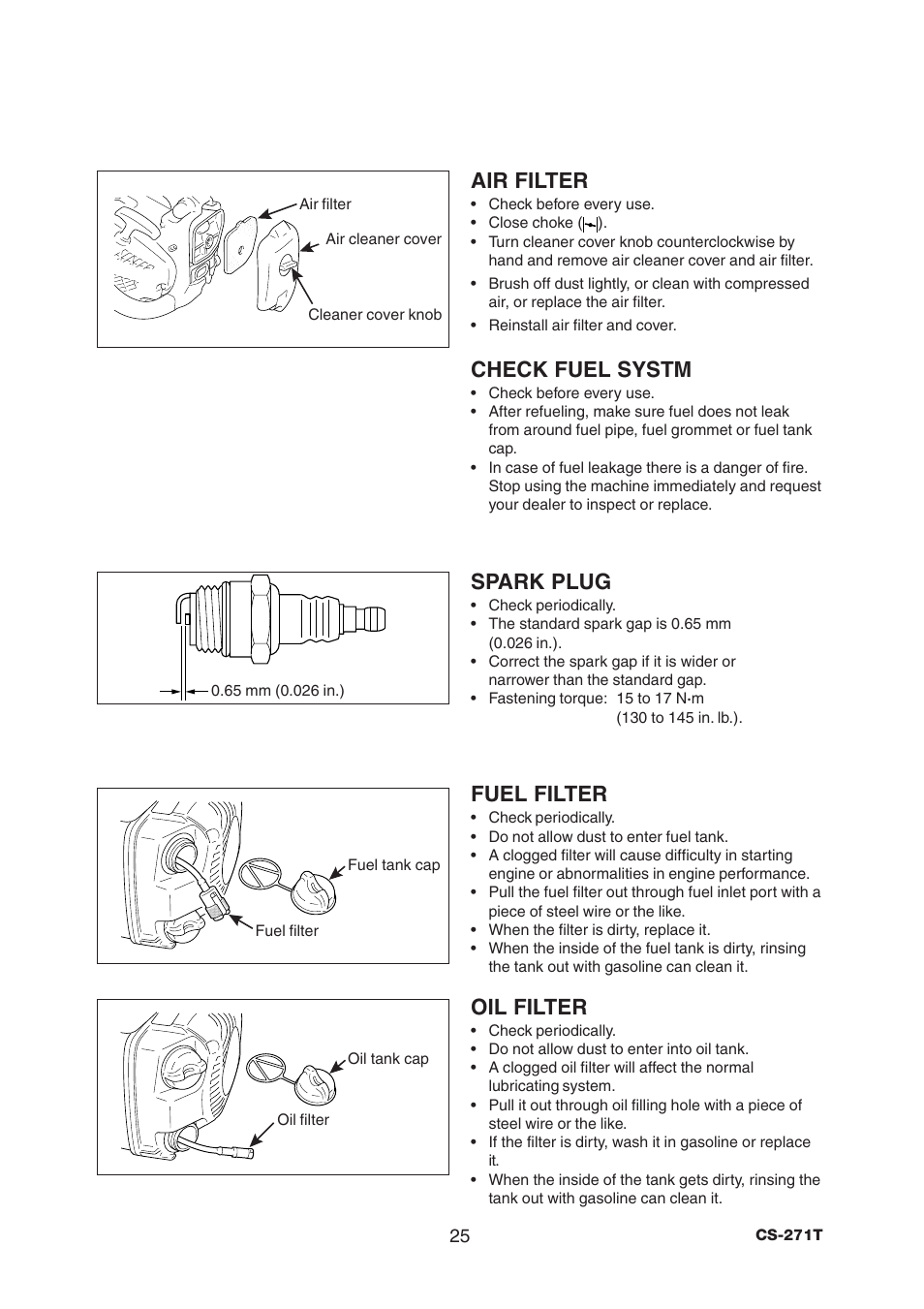 Air filter, Check fuel systm, Spark plug | Fuel filter, Oil filter | Echo CS-271T User Manual | Page 27 / 36
