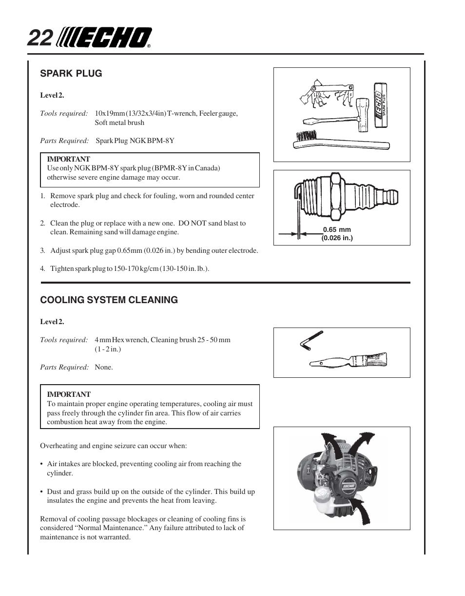 Spark plug, Cooling system cleaning | Echo PPT-265  EN User Manual | Page 22 / 32