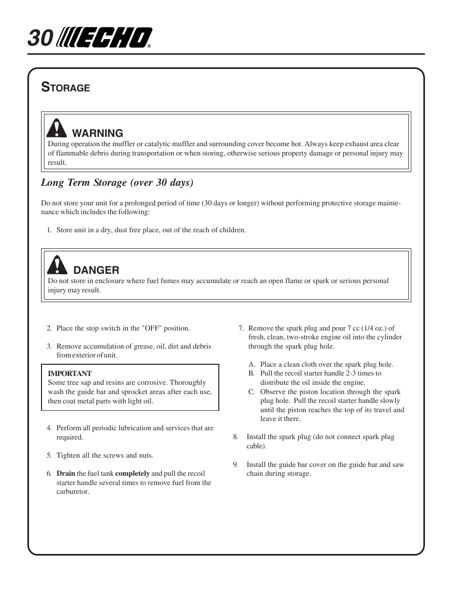 Storage, Warning, Long term storage (over 30 days) | Danger | Echo PPT-265  EN User Manual | Page 30 / 32