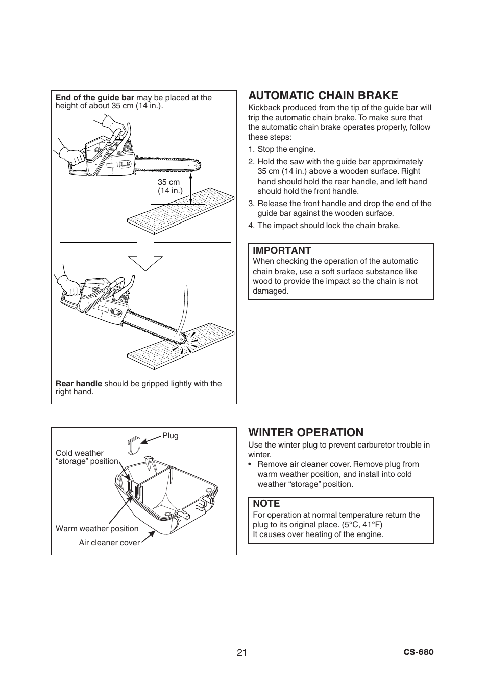 Automatic chain brake, Winter operation | Echo CS-680 User Manual | Page 23 / 32