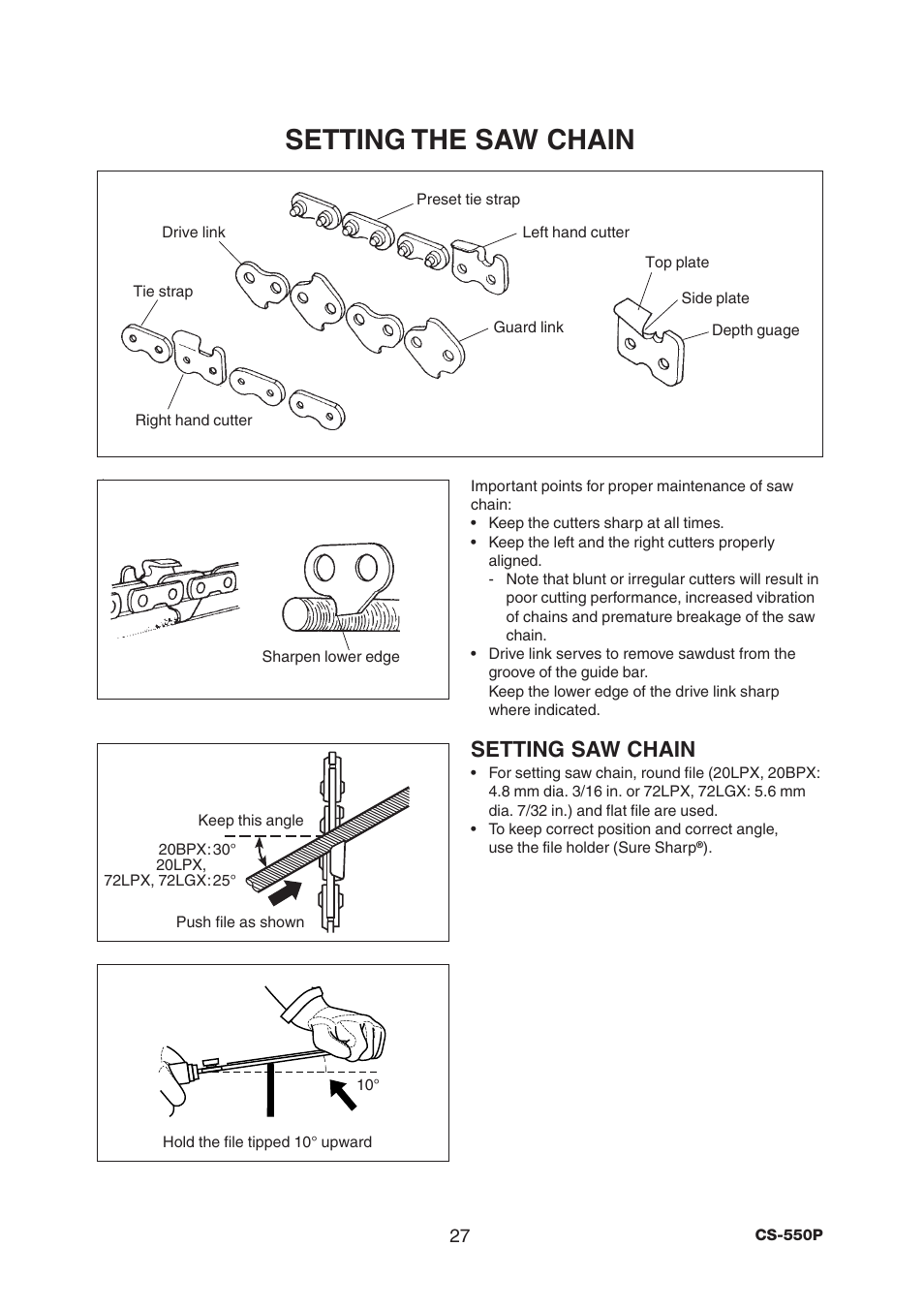 Setting the saw chain, Setting saw chain | Echo CS-550P User Manual | Page 29 / 36