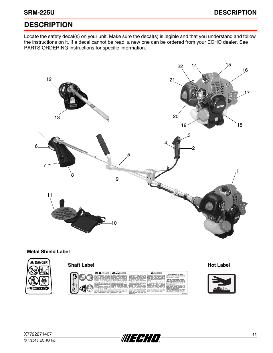 Description, Srm-225u description | Echo SRM-225U User Manual | Page 11 / 40