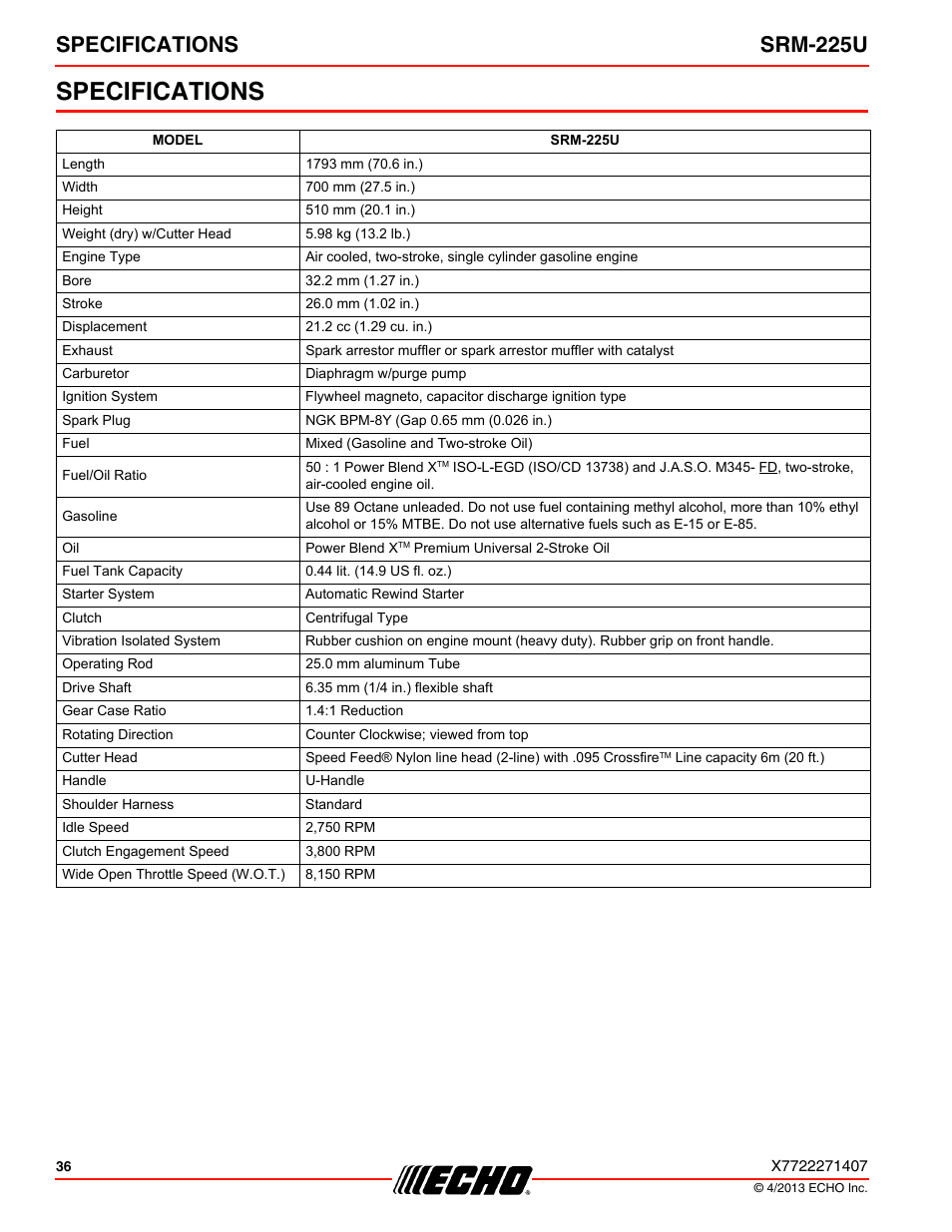 Specifications, Specifications srm-225u | Echo SRM-225U User Manual | Page 36 / 40