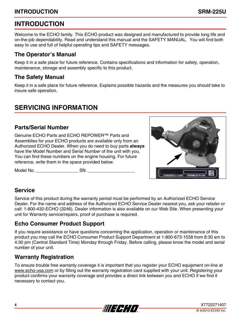 Introduction, The operator’s manual, The safety manual | Servicing information, Parts/serial number, Service, Echo consumer product support, Warranty registration, The operator’s manual the safety manual | Echo SRM-225U User Manual | Page 4 / 40