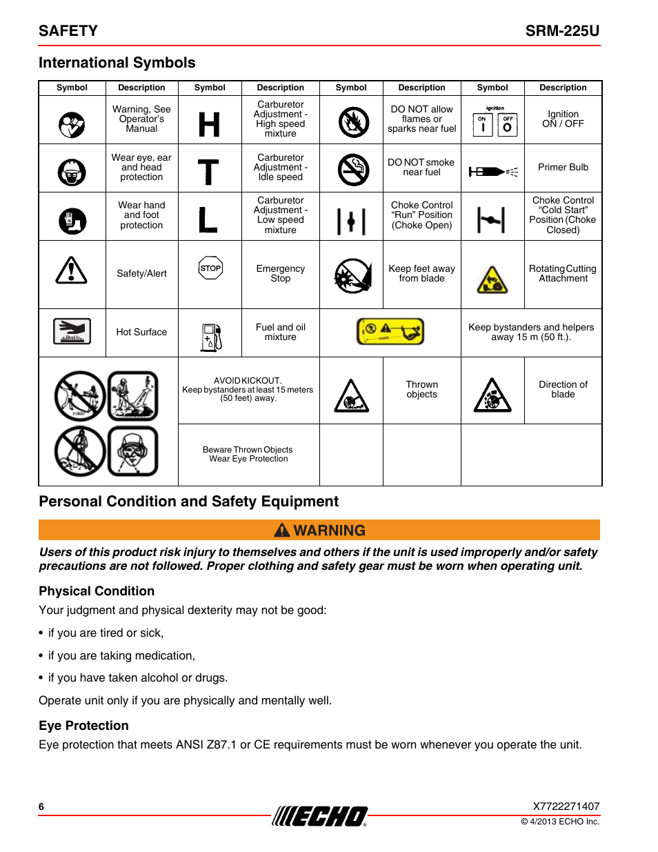 International symbols, Personal condition and safety equipment, Physical condition | Eye protection | Echo SRM-225U User Manual | Page 6 / 40