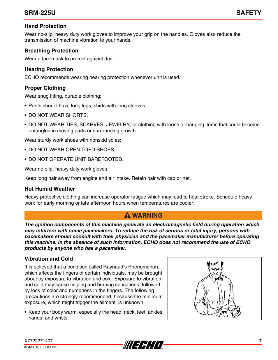 Hand protection, Breathing protection, Hearing protection | Proper clothing, Hot humid weather, Vibration and cold, Srm-225u safety | Echo SRM-225U User Manual | Page 7 / 40