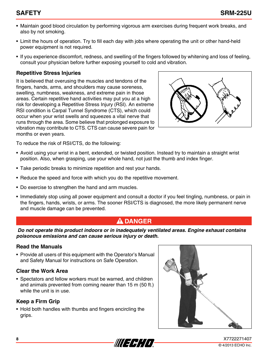 Repetitive stress injuries, Read the manuals, Clear the work area | Keep a firm grip, Safety srm-225u | Echo SRM-225U User Manual | Page 8 / 40