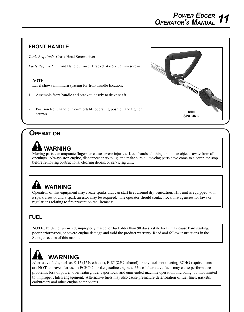 Front handle, Operation, Fuel | Warning | Echo PE-280 User Manual | Page 11 / 32