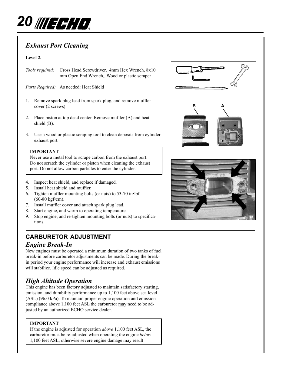 Carburetor adjustment, Exhaust port cleaning, Engine break-in | High altitude operation | Echo PE-280 User Manual | Page 20 / 32