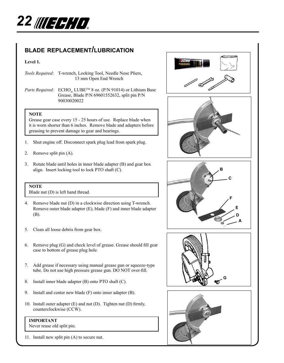 Blade replacement/lubrication | Echo PE-280 User Manual | Page 22 / 32