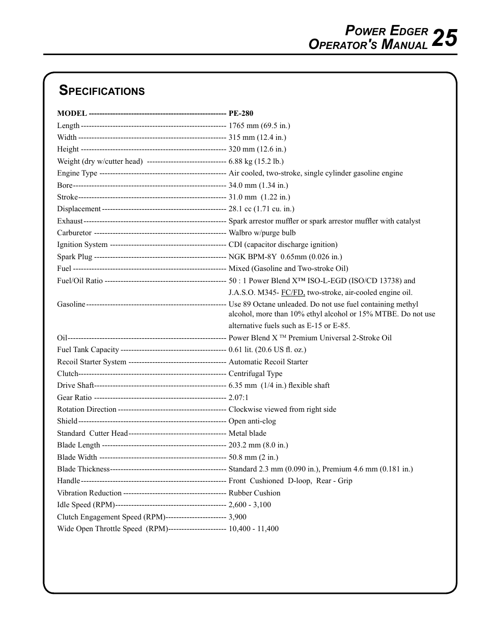 Specifications | Echo PE-280 User Manual | Page 25 / 32