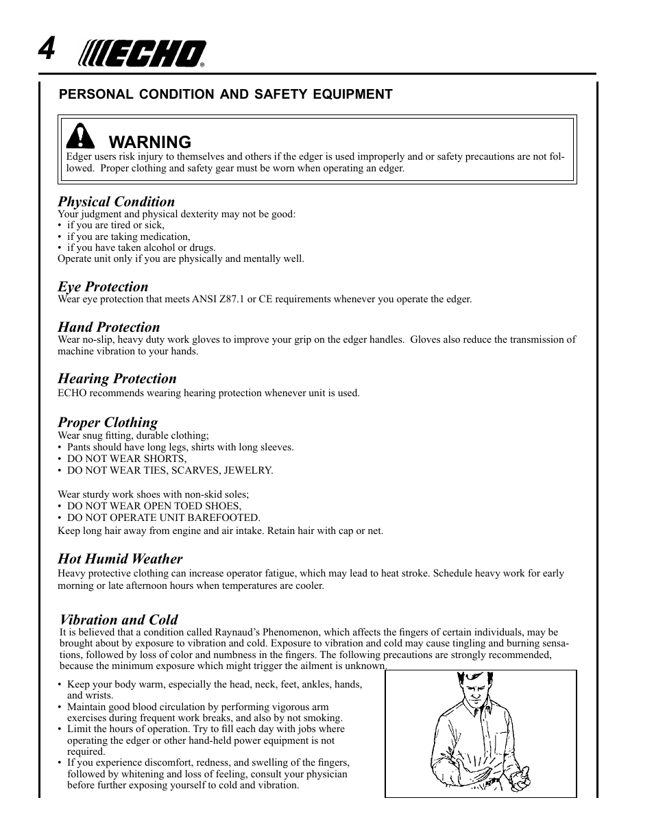 Warning | Echo PE-280 User Manual | Page 4 / 32