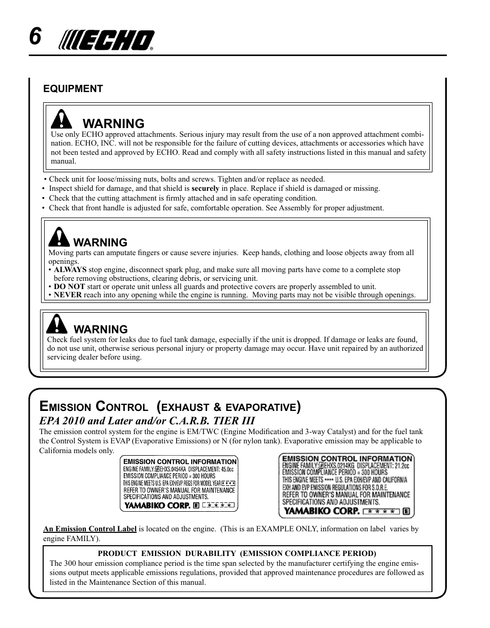 Emission control (exhaust & evaporative), Warning | Echo PE-280 User Manual | Page 6 / 32