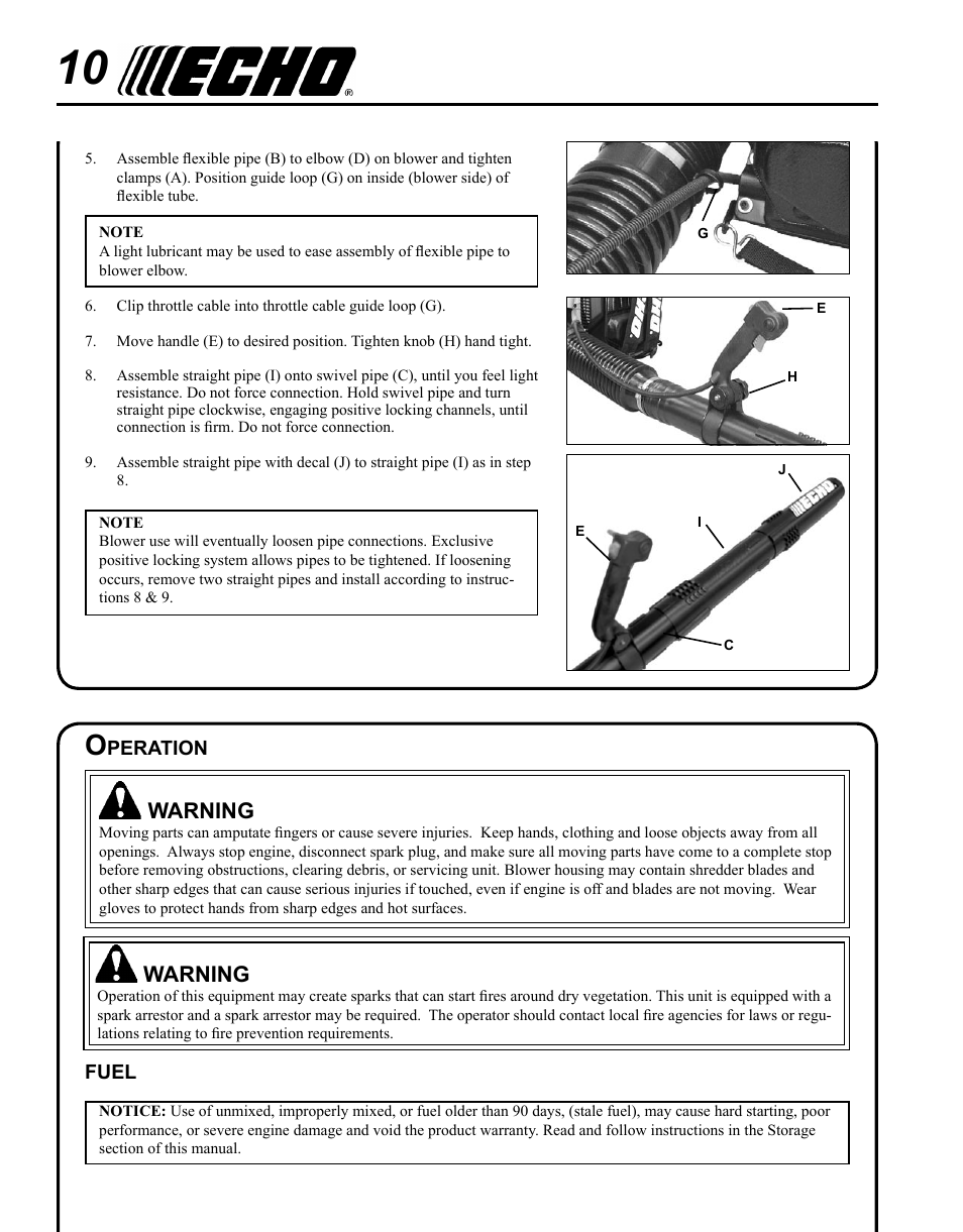 Operation, Fuel, Warning | Echo PB-620ST User Manual | Page 10 / 28