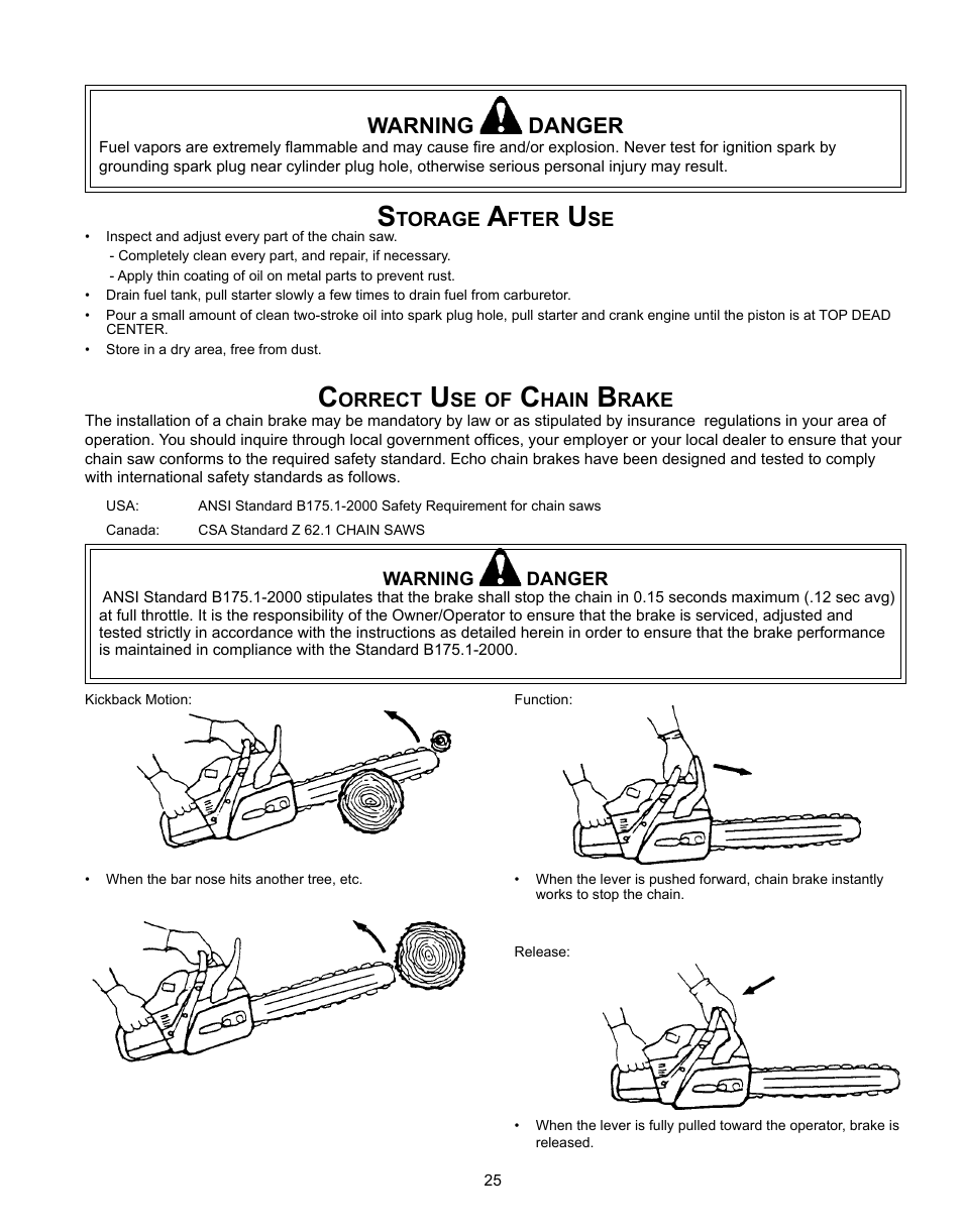 Table 2, Warning danger, Torage | Fter, Orrect, Hain, Rake | Echo CS-301 User Manual | Page 25 / 28