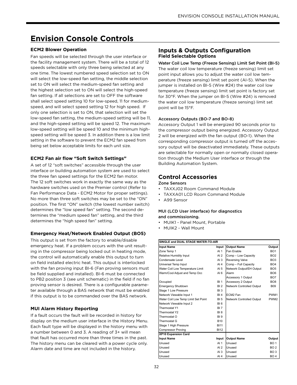 Envision console controls, Inputs & outputs configuration, Control accessories | Ecm2 fan air flow “soft switch settings, Emergency heat/network enabled output (bo5), Mui alarm history reporting, Field selectable options | Envision Peripherals Water-Furnace IM1609 10 User Manual | Page 33 / 48