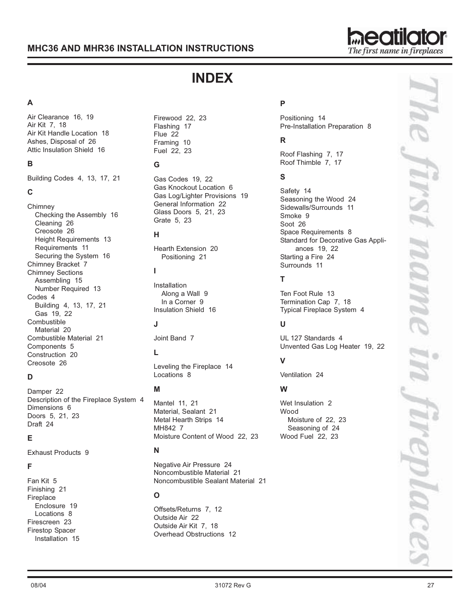 Index, Mhc36 and mhr36 installation instructions | Heart & Home Collectables MHR36 User Manual | Page 27 / 28