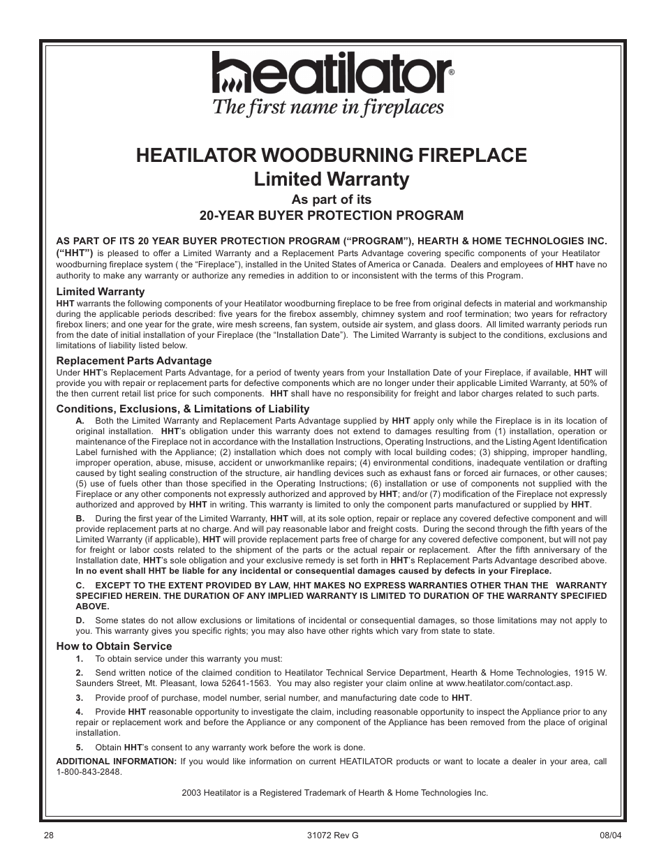 Heatilator woodburning fireplace limited warranty, As part of its 20-year buyer protection program | Heart & Home Collectables MHR36 User Manual | Page 28 / 28