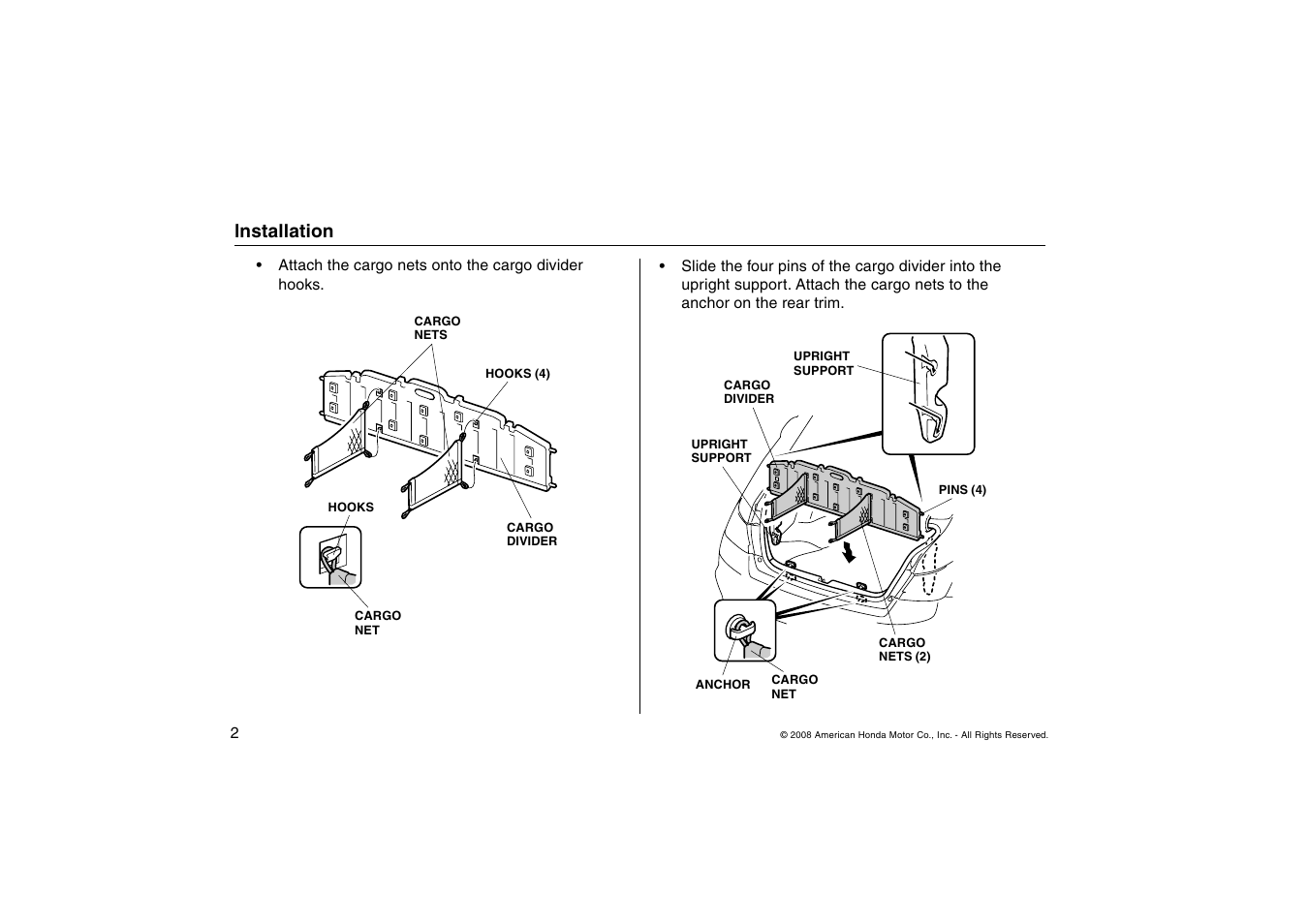 Lnstallation | HONDA 2008 Accord Cargo Management User Manual | Page 2 / 4