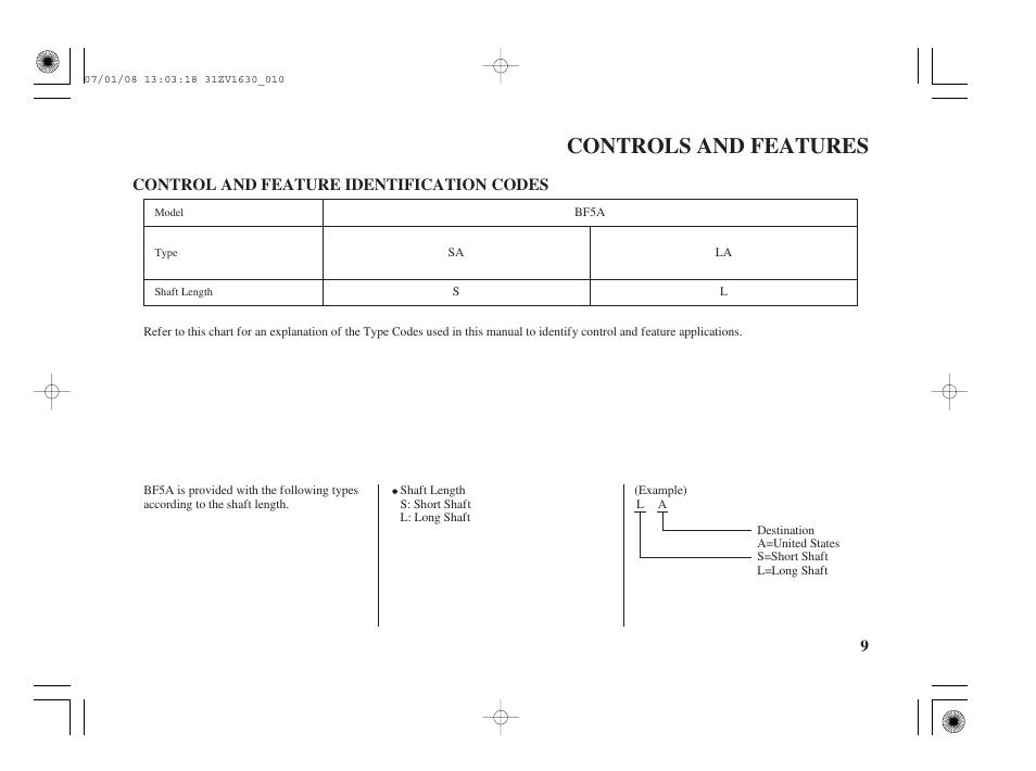 Controls and features, Control and feature id codes | HONDA Outboard Motor BF5A User Manual | Page 11 / 95