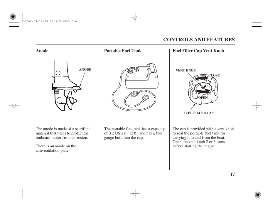 Anode, Portable fuel tank, Fuel filler cap vent knob | Controls and features | HONDA Outboard Motor BF5A User Manual | Page 19 / 95
