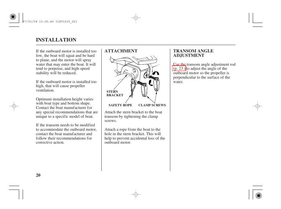 Attachment, Transom angle adjustment | HONDA Outboard Motor BF5A User Manual | Page 22 / 95