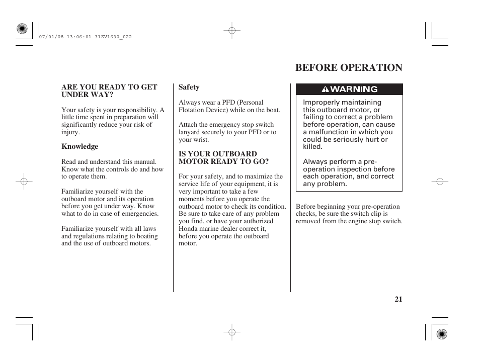 Before operation, Are you ready to get under way, Is your outboard motor ready to go | HONDA Outboard Motor BF5A User Manual | Page 23 / 95