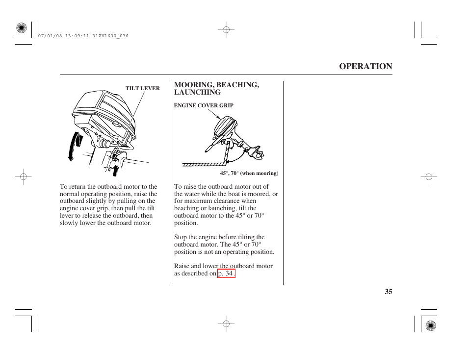 Mooring, beaching, launching, Operation | HONDA Outboard Motor BF5A User Manual | Page 37 / 95