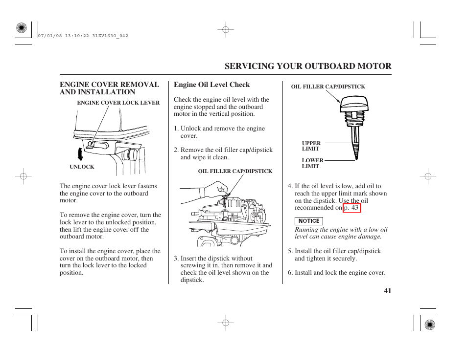 Engine cover removal and installation, Engine oil level check, Servicing your outboard motor | HONDA Outboard Motor BF5A User Manual | Page 43 / 95