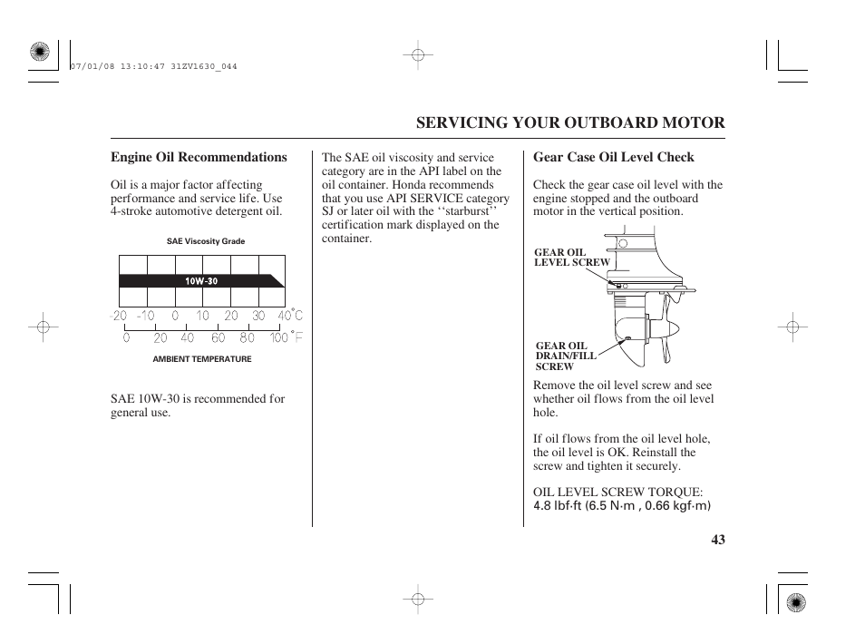 Engine oil recommendations, Gear case oil level check, Servicing your outboard motor | HONDA Outboard Motor BF5A User Manual | Page 45 / 95