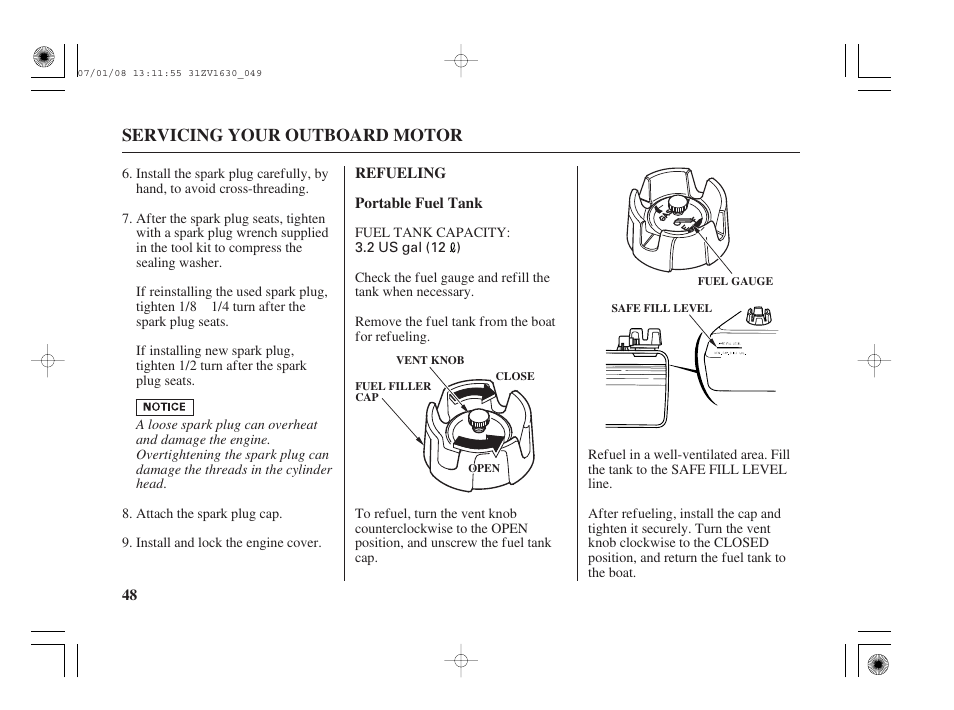 Refueling, Servicing your outboard motor | HONDA Outboard Motor BF5A User Manual | Page 50 / 95