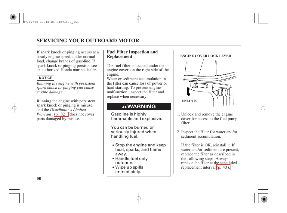 Fuel filter inspection and replacement | HONDA Outboard Motor BF5A User Manual | Page 52 / 95