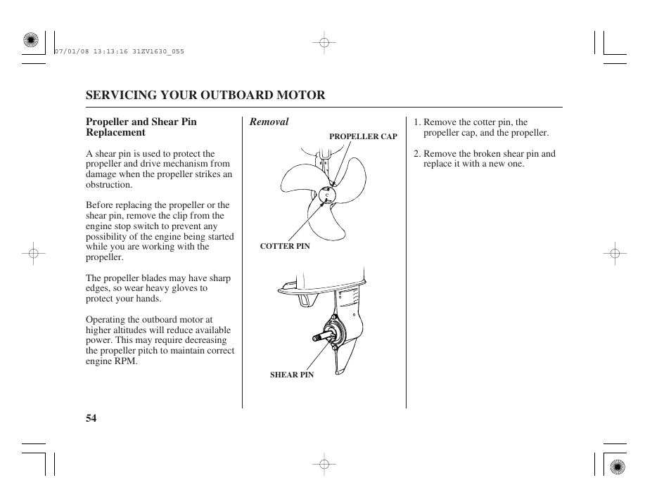 Propeller and shear pin replacement | HONDA Outboard Motor BF5A User Manual | Page 56 / 95