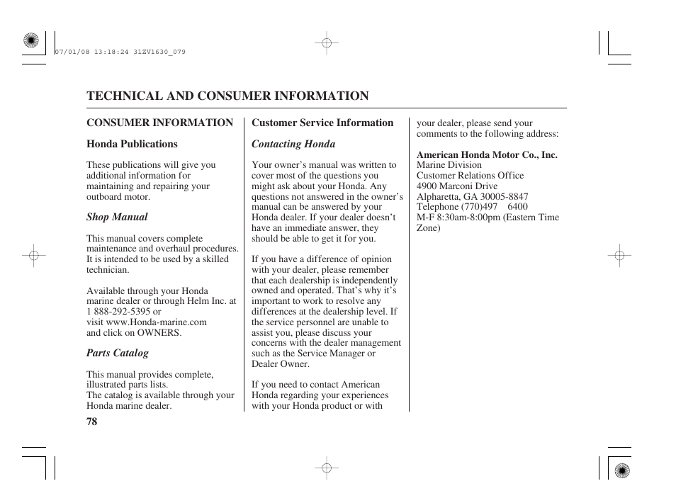Consumer information, Honda publications, Customer service information | HONDA Outboard Motor BF5A User Manual | Page 80 / 95