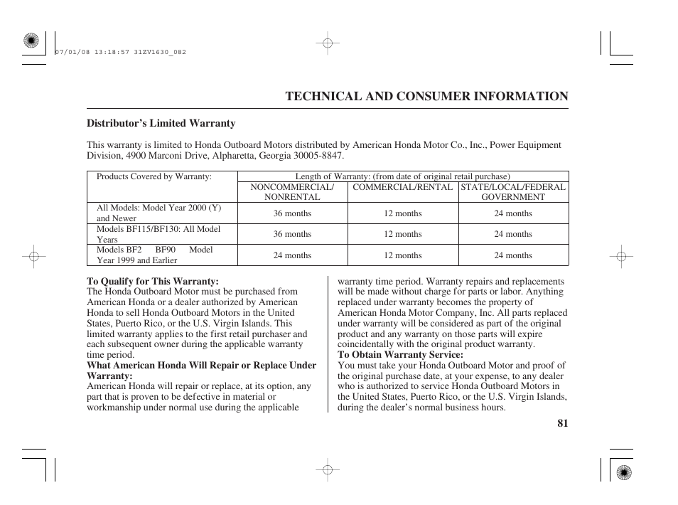 Distributor's limited warranty, Technical and consumer information | HONDA Outboard Motor BF5A User Manual | Page 83 / 95