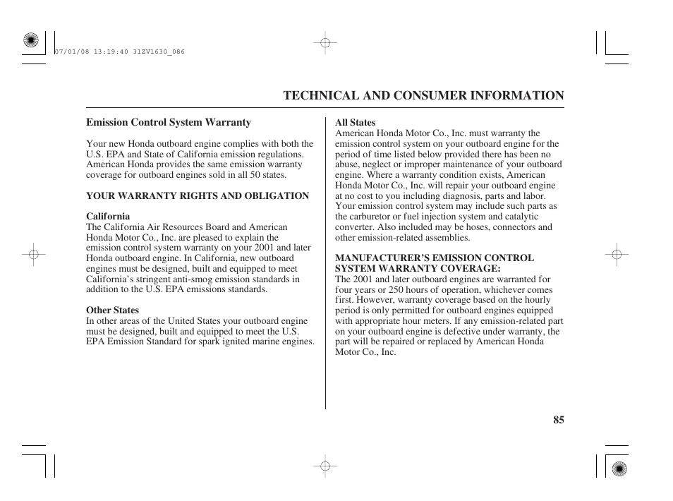 Emission control system warranty | HONDA Outboard Motor BF5A User Manual | Page 87 / 95