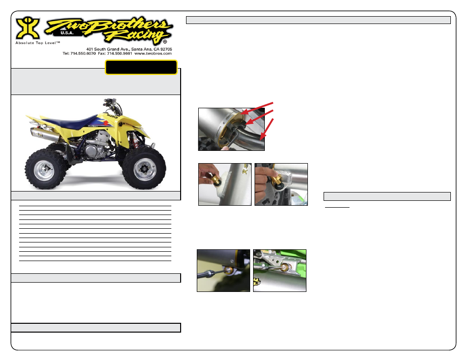 Two Brothers Racing Suzuki Z400 Quadsport User Manual | 2 pages