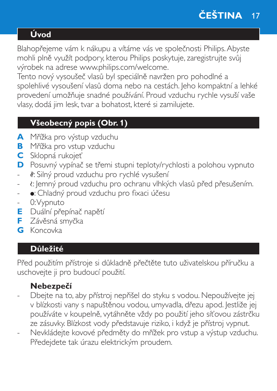 Nebezpečí, Čeština, Úvod | Všeobecný popis (obr. 1), Důležité | Philips HP 4940 User Manual | Page 17 / 96